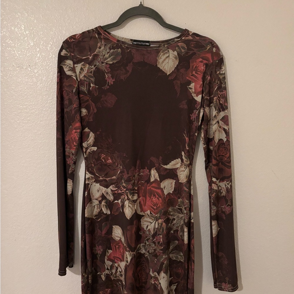 PrettyLittleThing Brown Floral Long Sleeve Dress